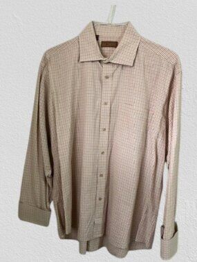 Men's Beige Checked Long Don Jonathan Sleeve Shirt Size 17.5